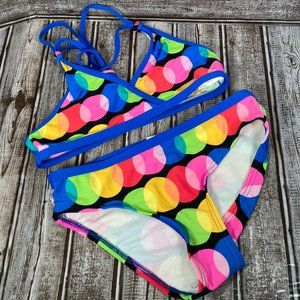 2 Piece BACKFLIPS Girl's 12 Bikini Swimsuit Swimwear Blue Multicolor Circles EUC